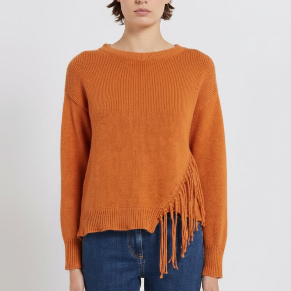 Marella Max Mara Sport Orange Fringe Women's Sweater 100% Cotton Size Large NWT